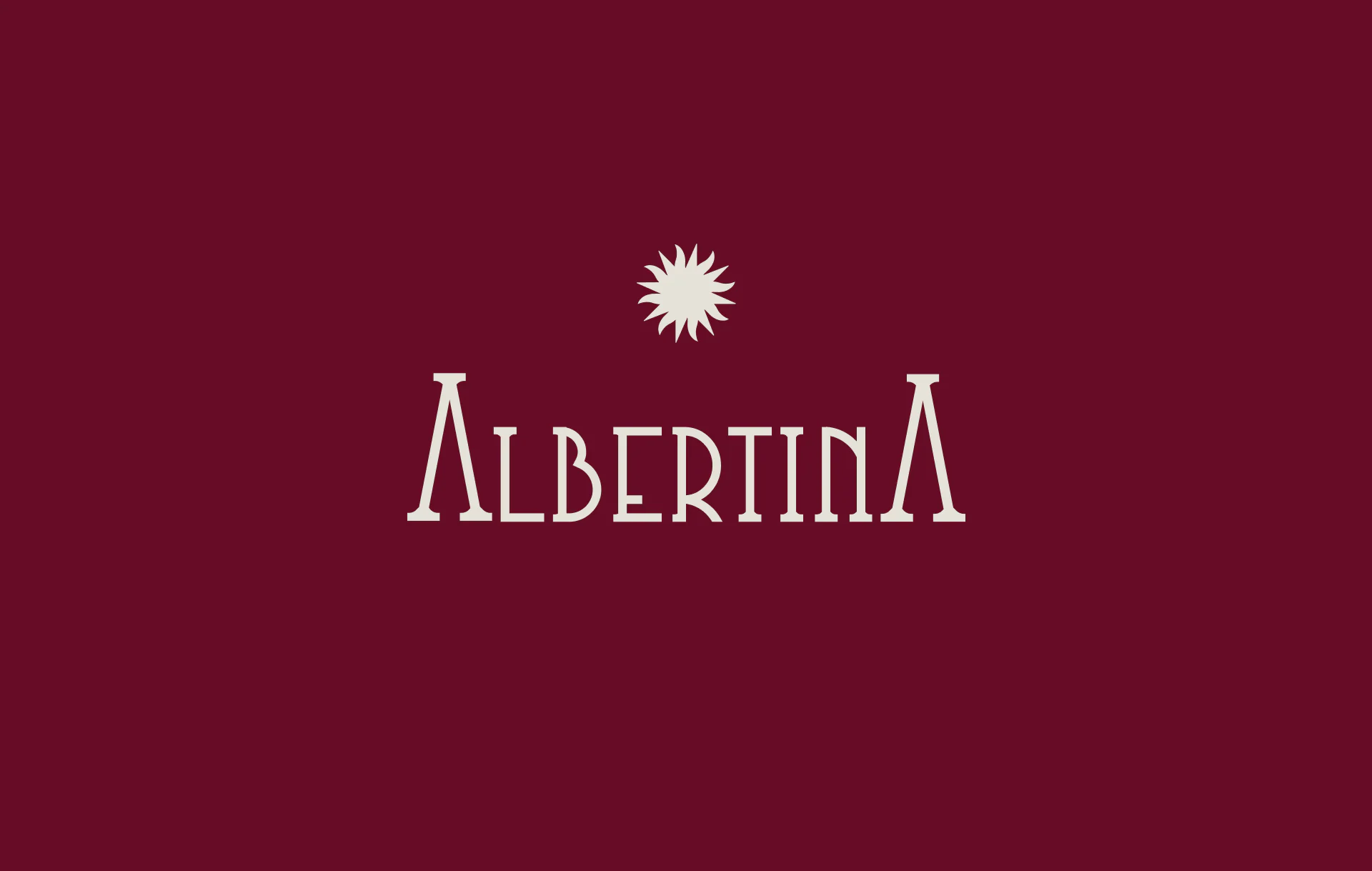The Albertina wordmark in cream under a small sun, on burgundy.