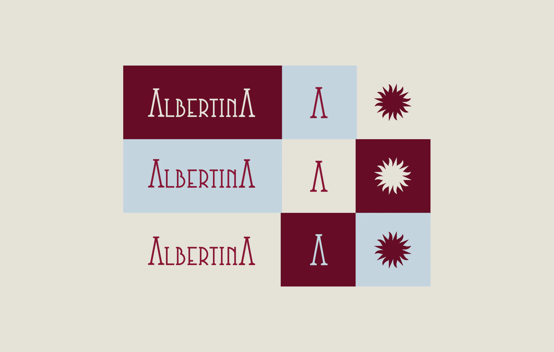 The wordmark and the A monogram in a checkerboard of burgundy, blue and cream, with the sun.