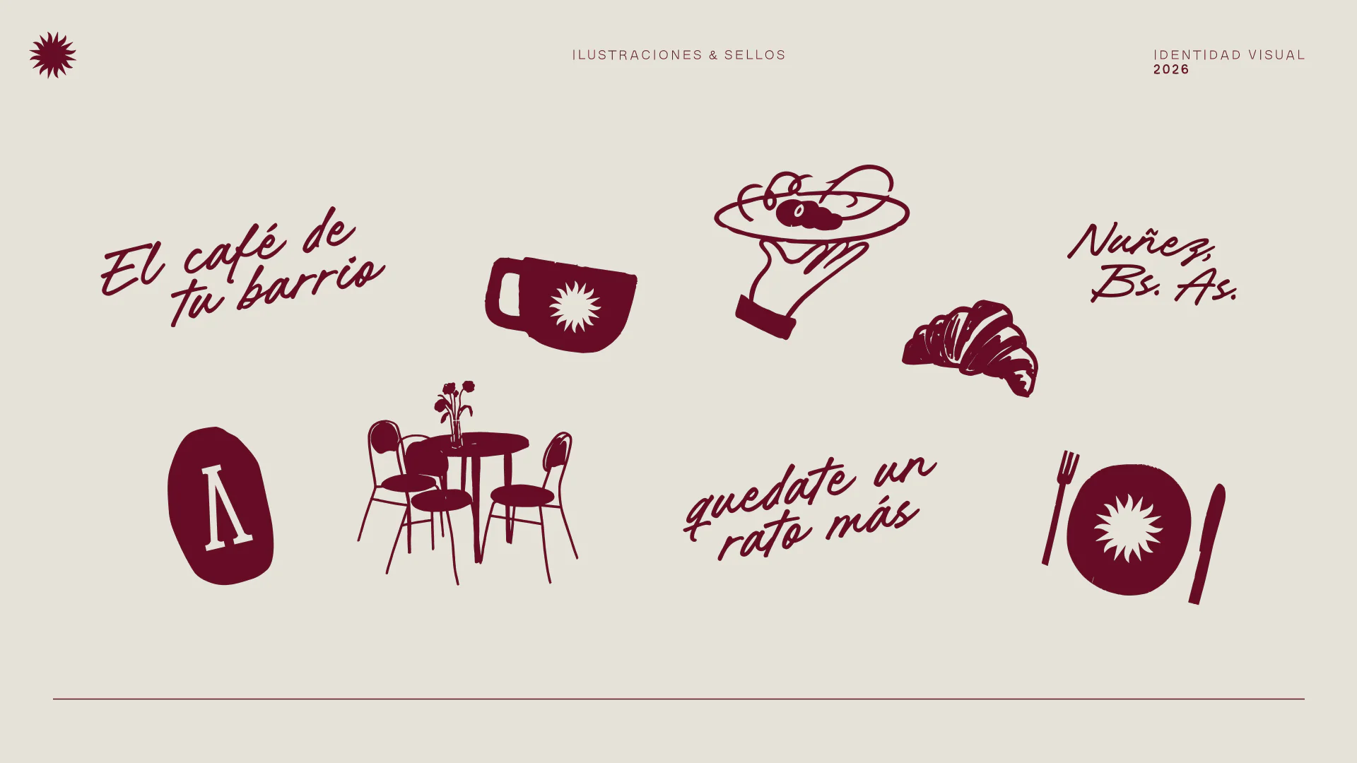 Illustrations and seals in burgundy: a cup, a croissant, a table with chairs, a plate and handwritten phrases such as “El café de tu barrio” and “Quedate un rato más”.