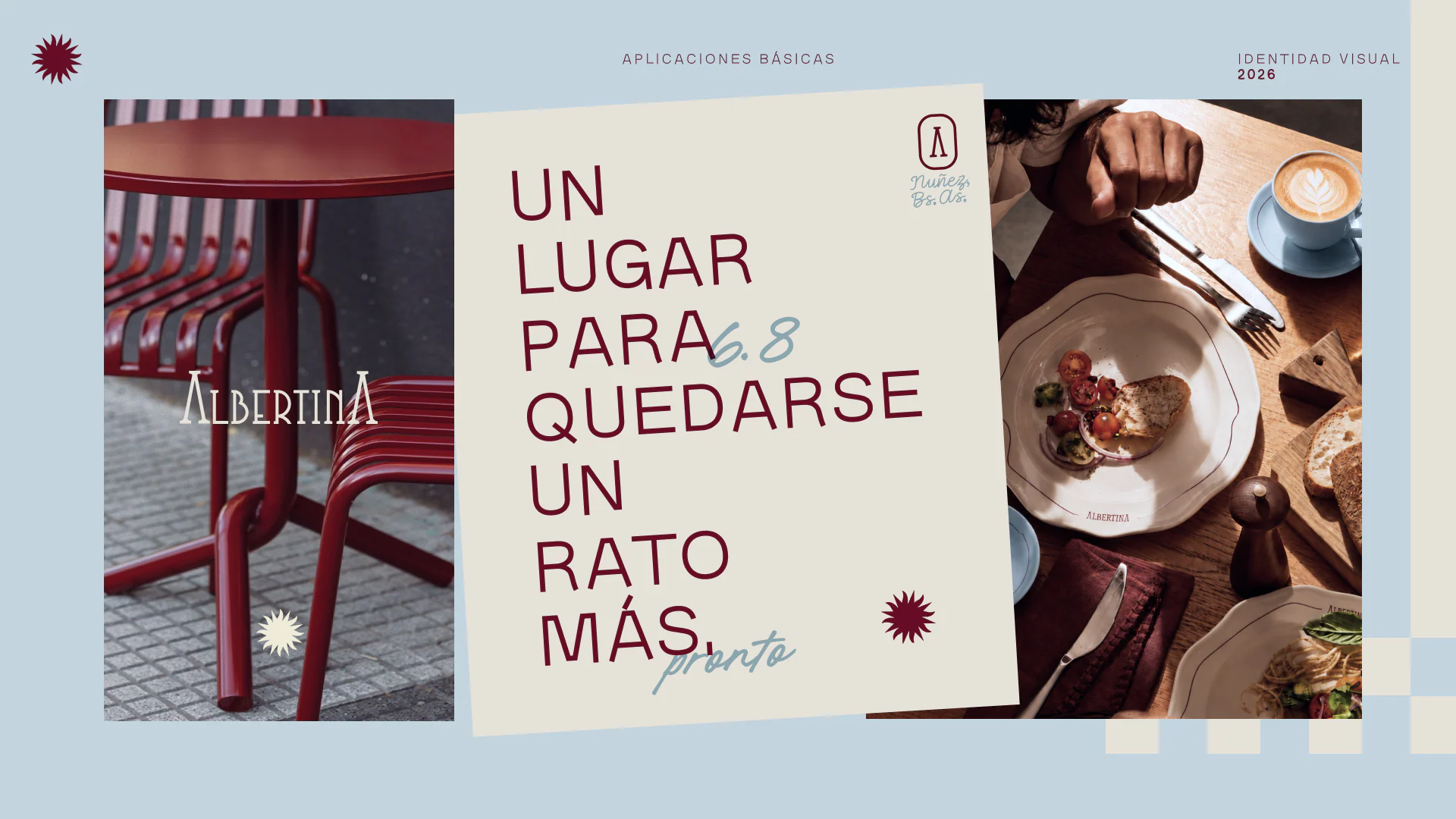 Basic applications on soft blue: “Un lugar para quedarse un rato más” between photographs of tables and coffee.