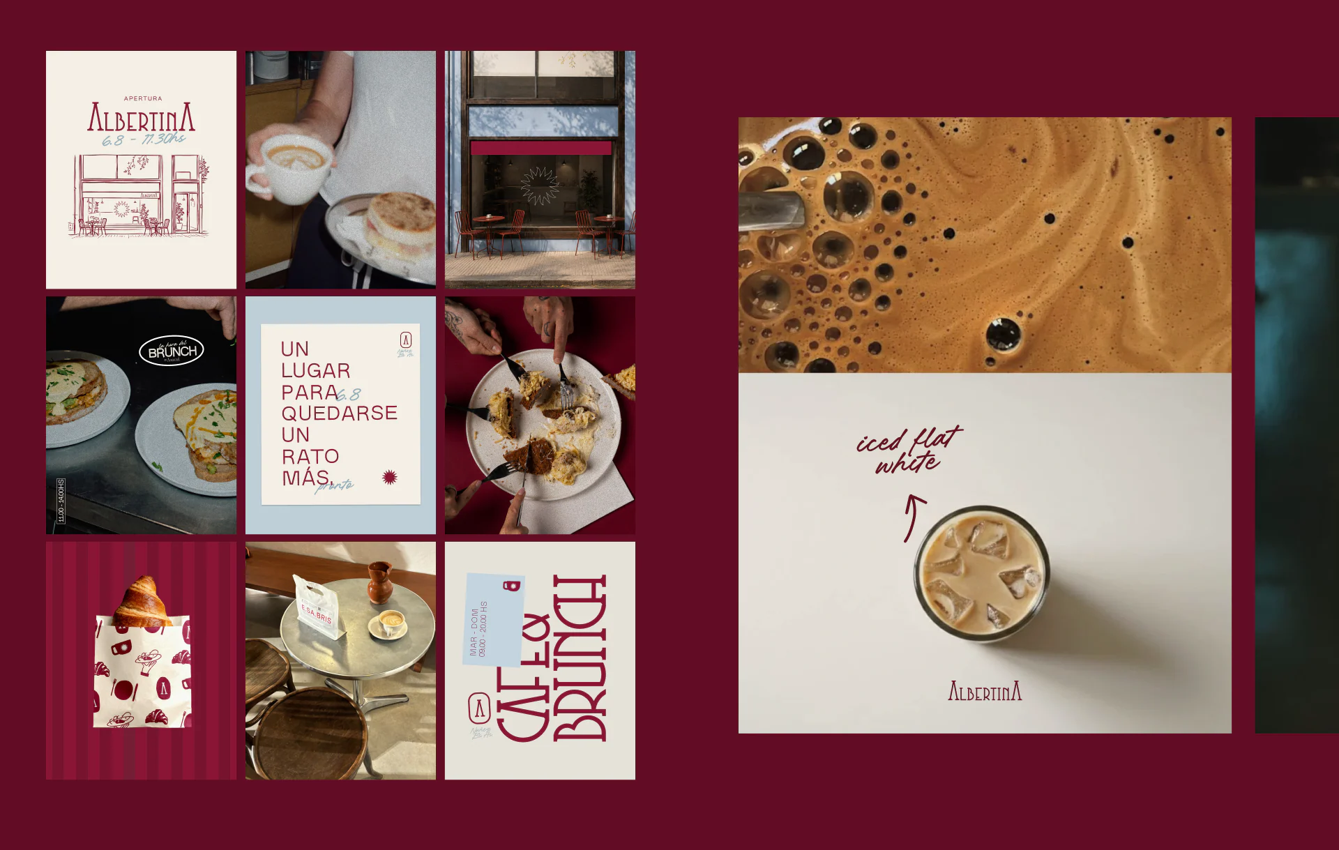 Social media grid on burgundy: posts with photographs, illustrations and phrases.