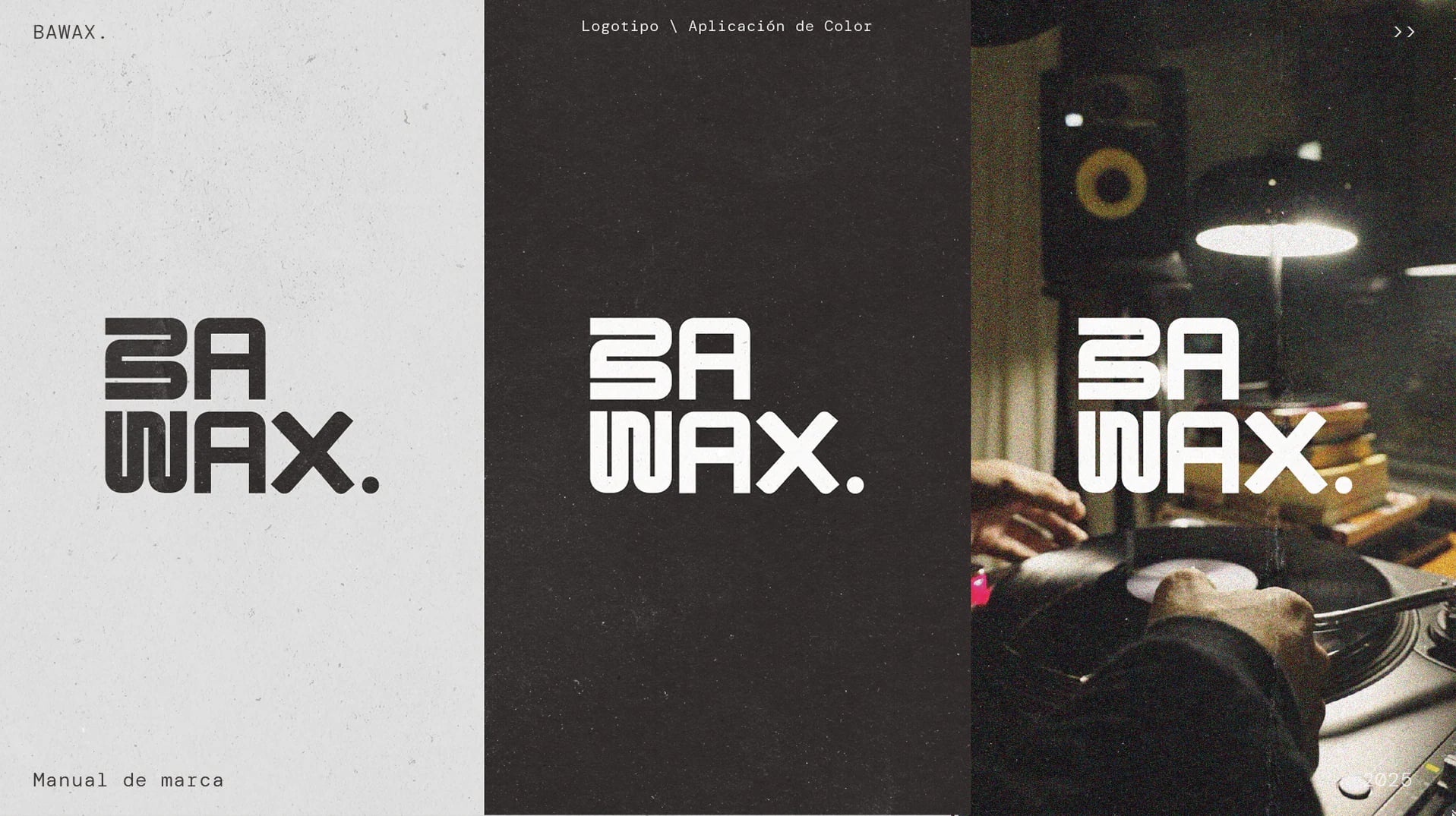 Color application of the logo on grey, on black and over a photograph of a DJ’s hands.