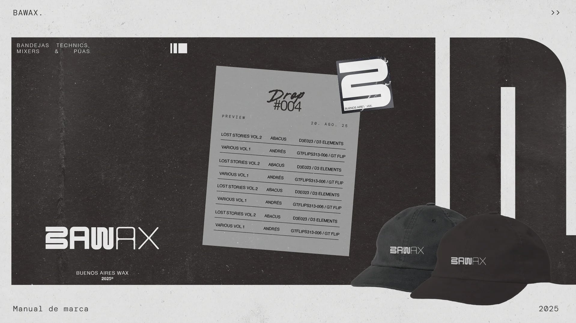 “Drop #004” card, B sticker and black caps.