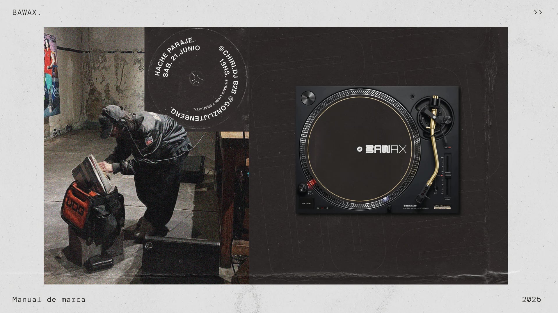 A person crouching over record crates next to a turntable with the BAWAX logo, and a round event sticker.