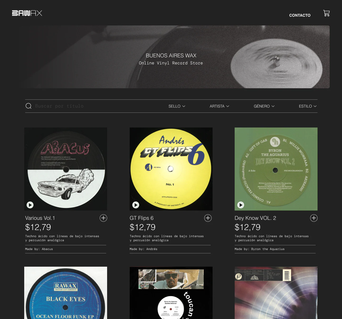 The BAWAX online store home page: a dark grid of records with prices.