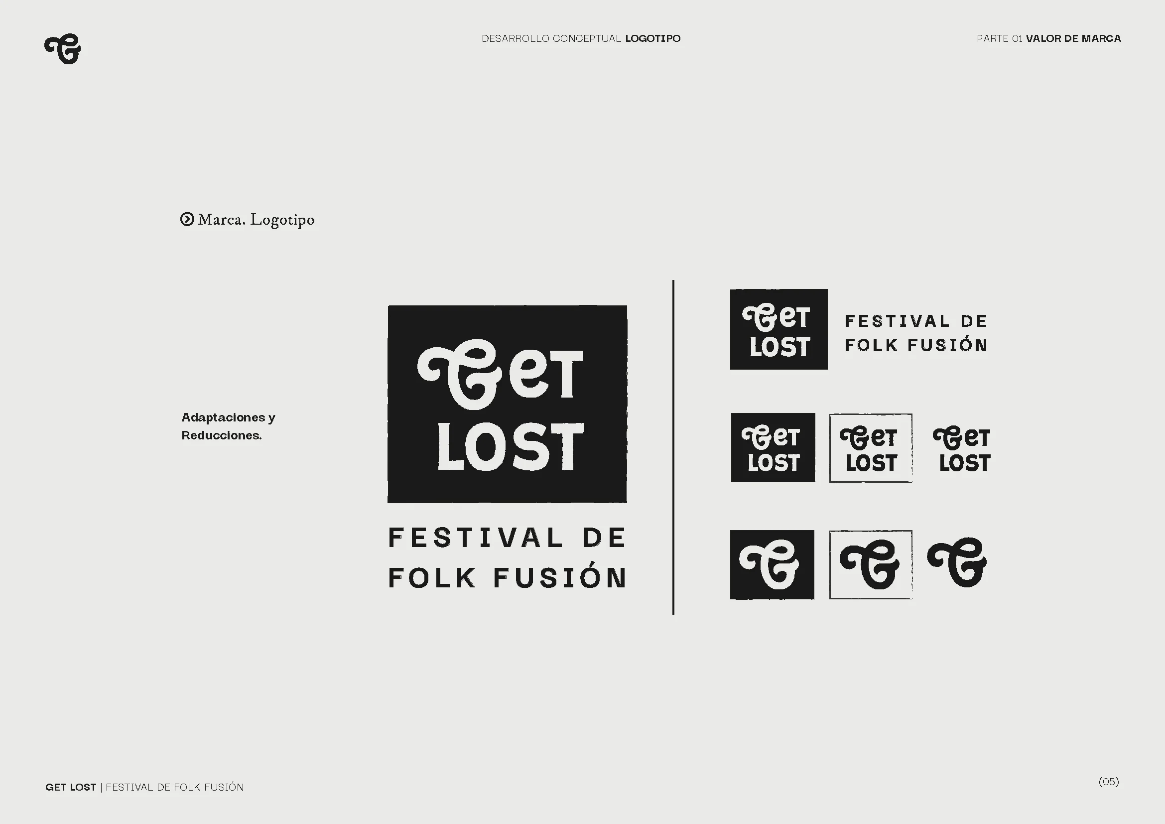Brand manual page: the Get Lost logo, its adaptations and reductions.