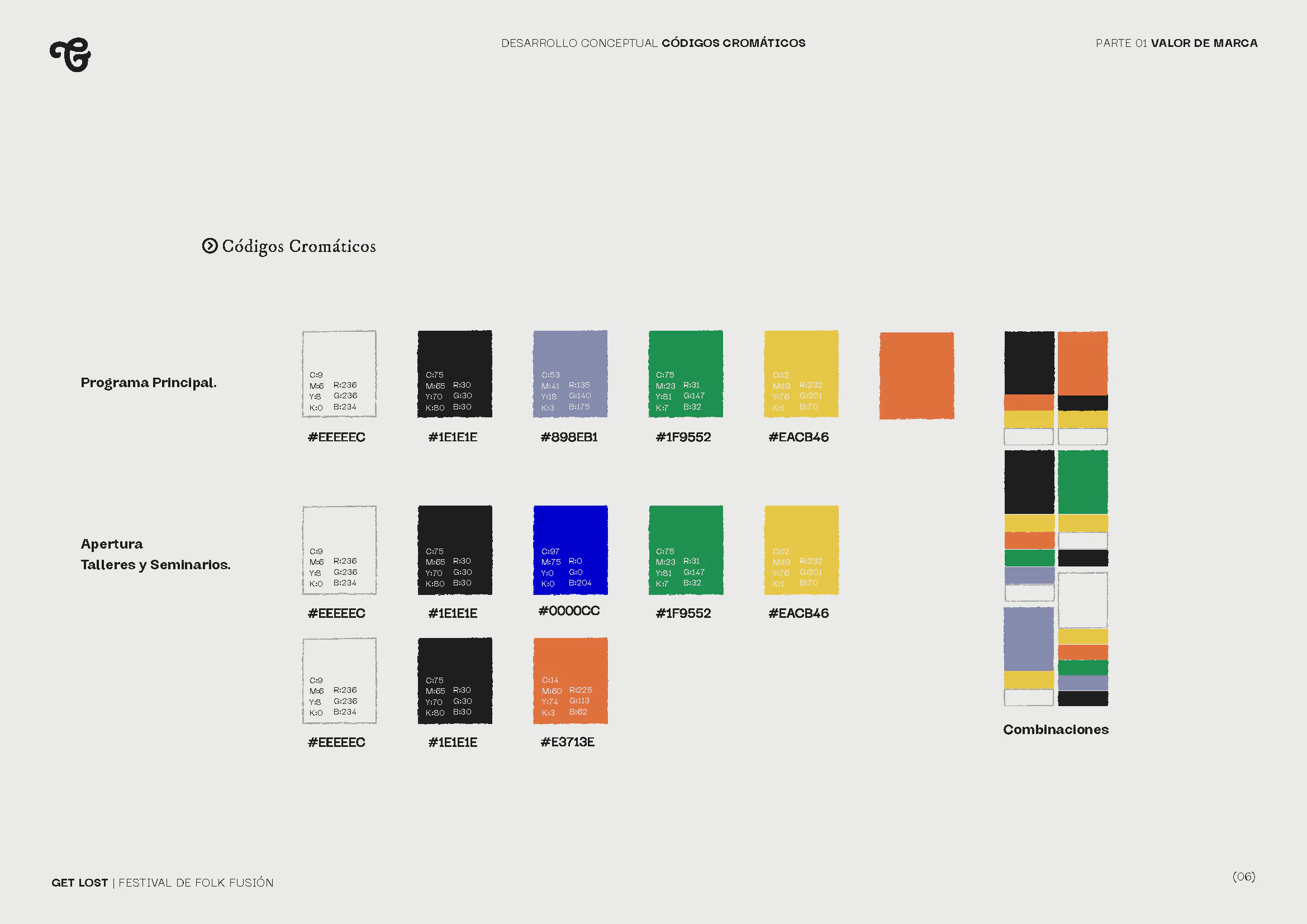 Brand manual page: the chromatic code, with black, lilac, green, yellow and orange swatches and their combinations.