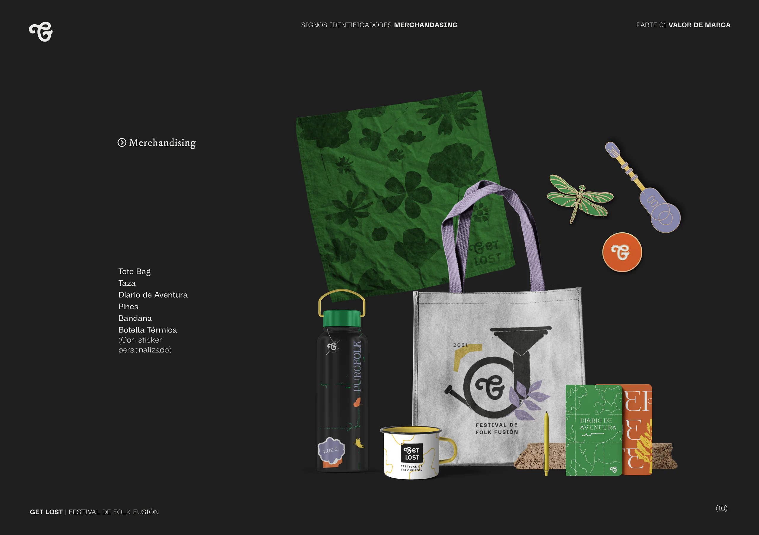 Festival merchandise on black: tote bag, bandana, bottle, enamel mug and stickers.