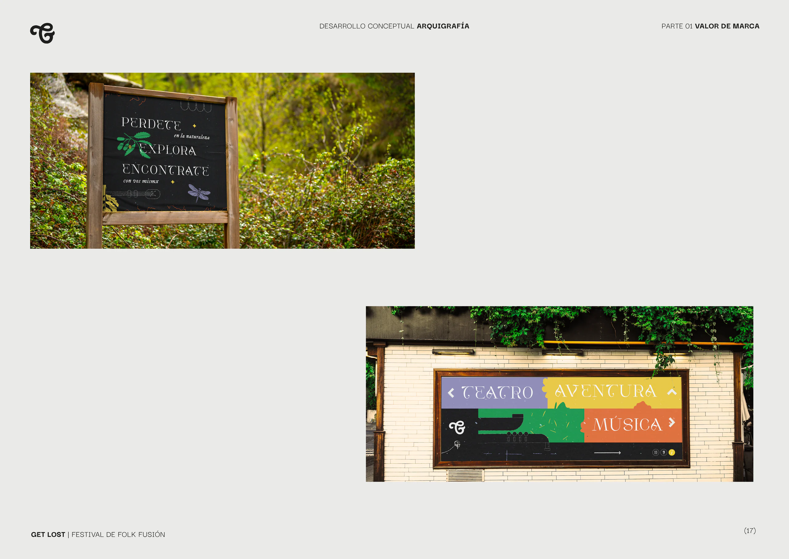 Wayfinding signs in the woods: a wooden board and a banner over a doorway.