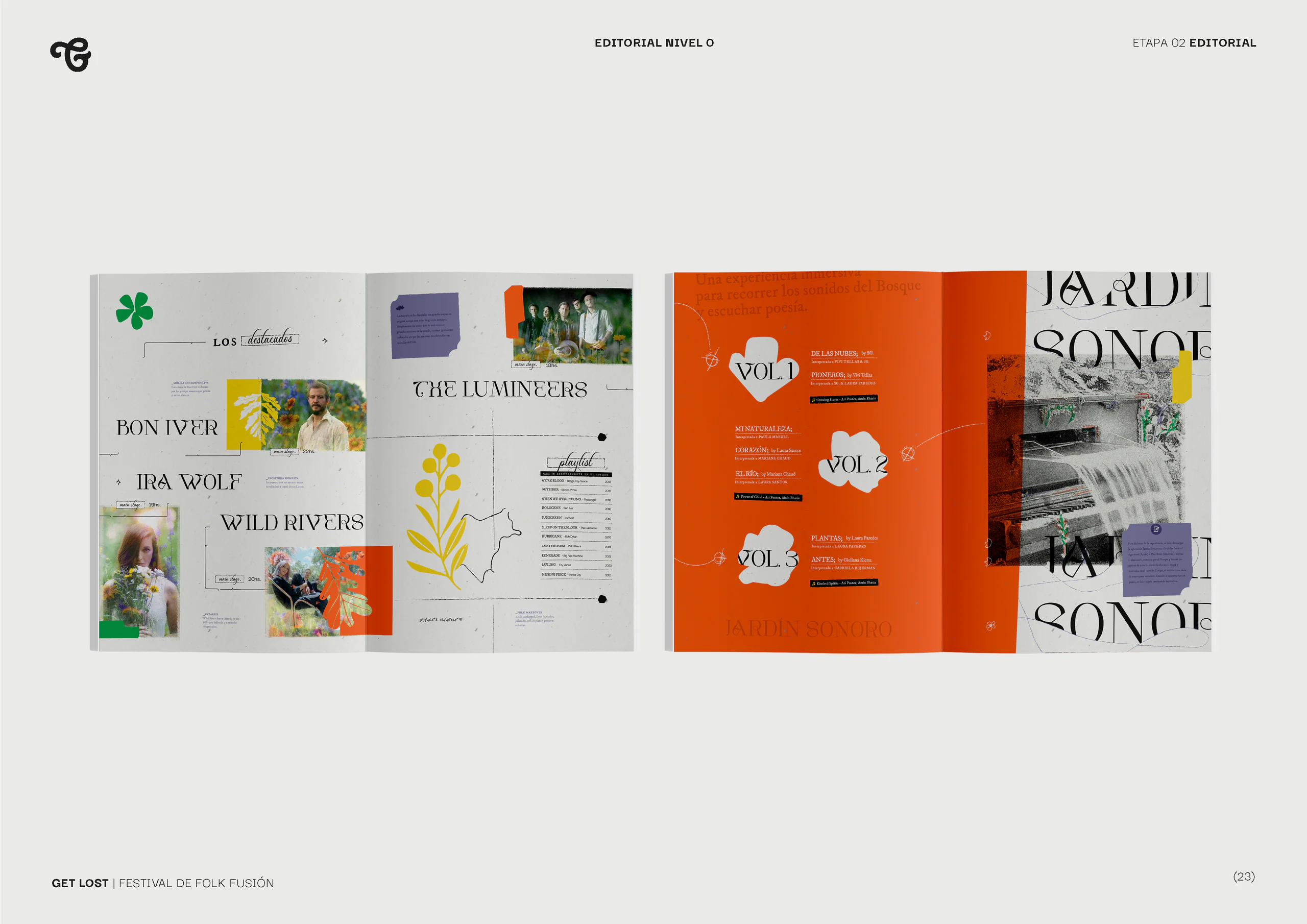 Two spreads of the publication with interviews, photographs and orange pages.