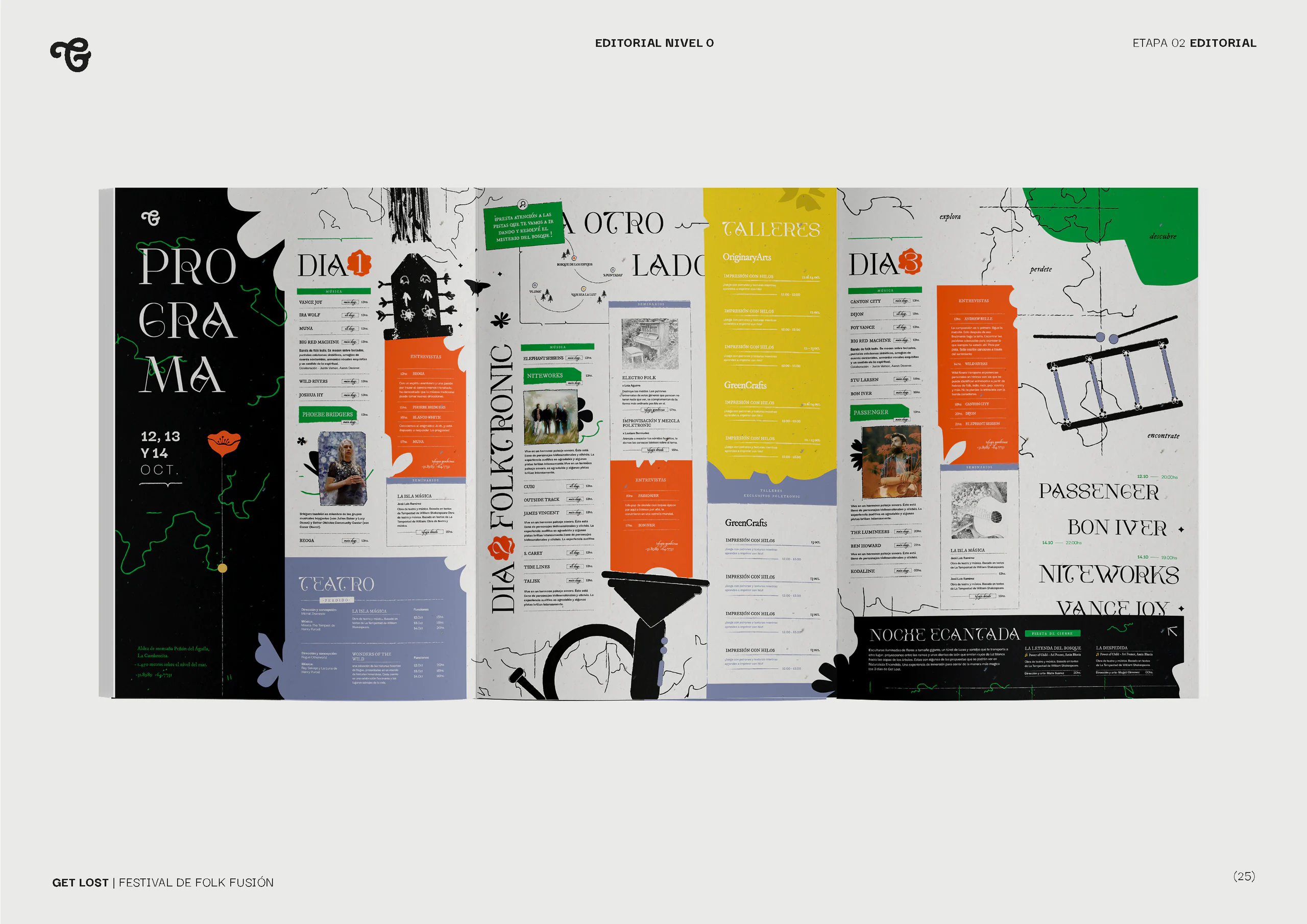 The fold-out program open: the line-up day by day, with illustrations and colored blocks.