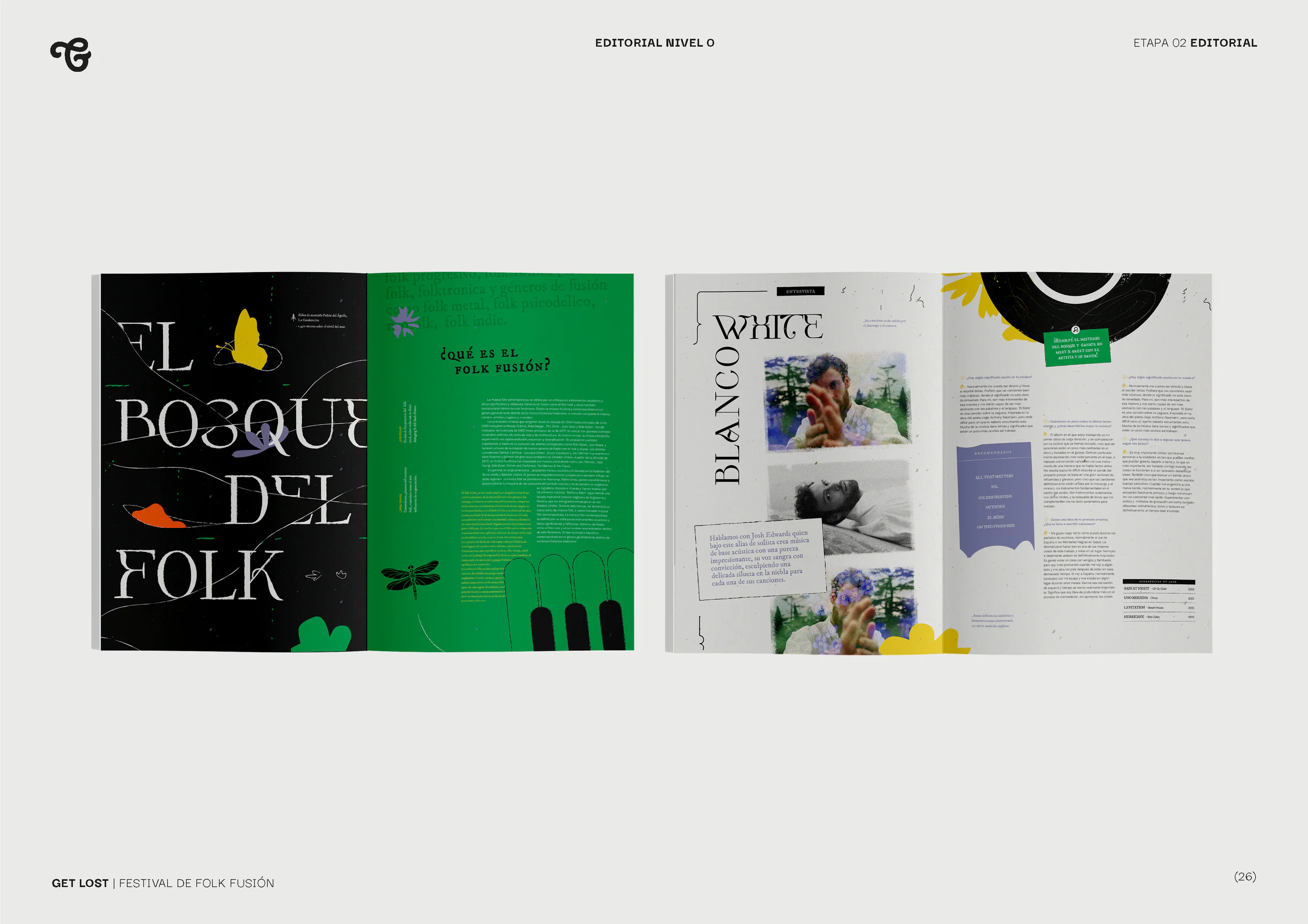 Spreads titled “El bosque del folk” with green pages and photographs.