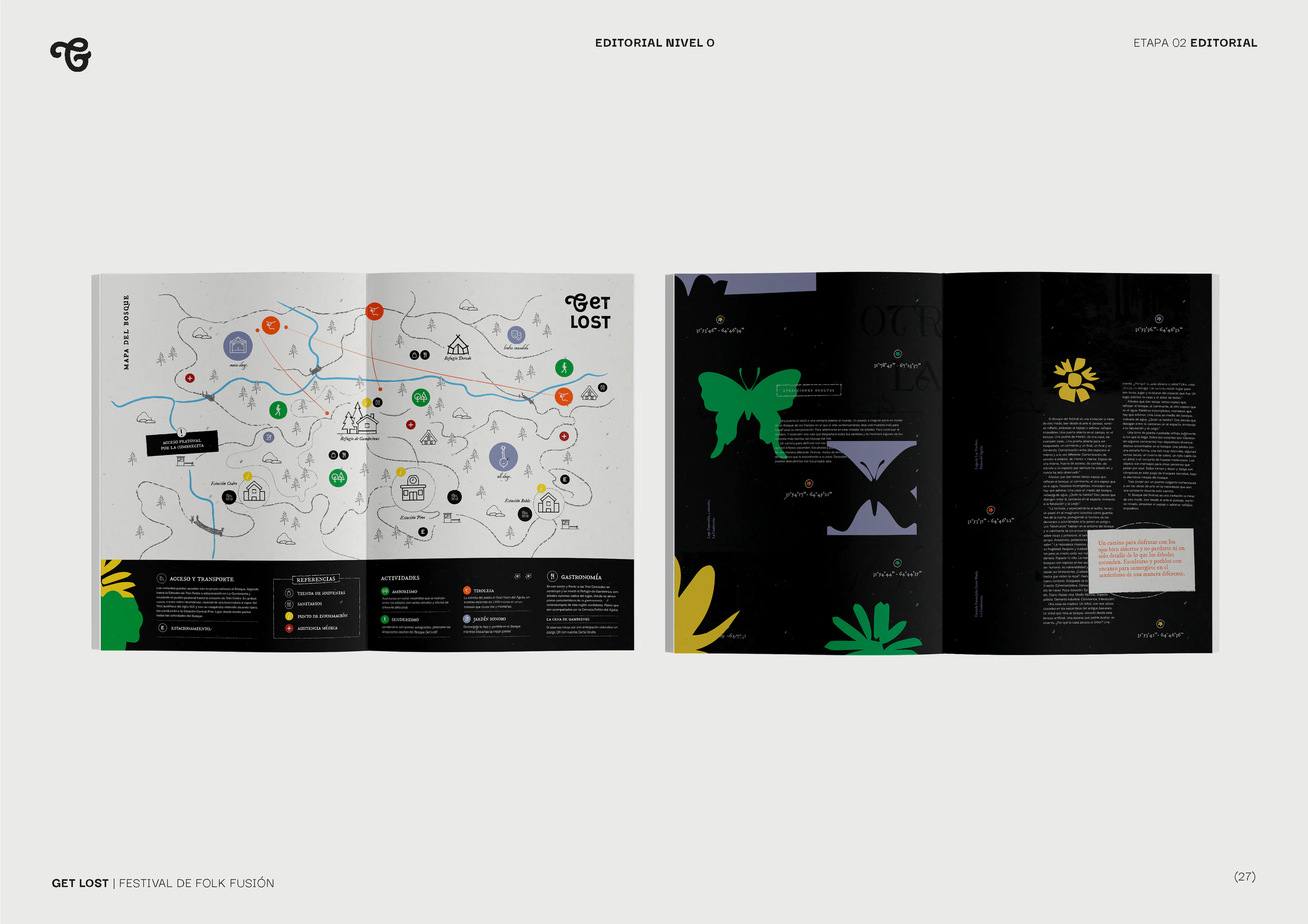 Spreads with the illustrated festival map and a black page with a butterfly.