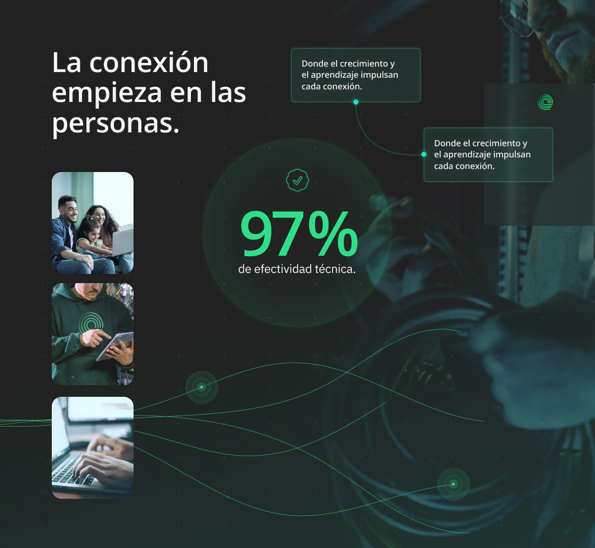 Communication piece: “La conexión empieza en las personas”, a 97% figure and photographs of people.