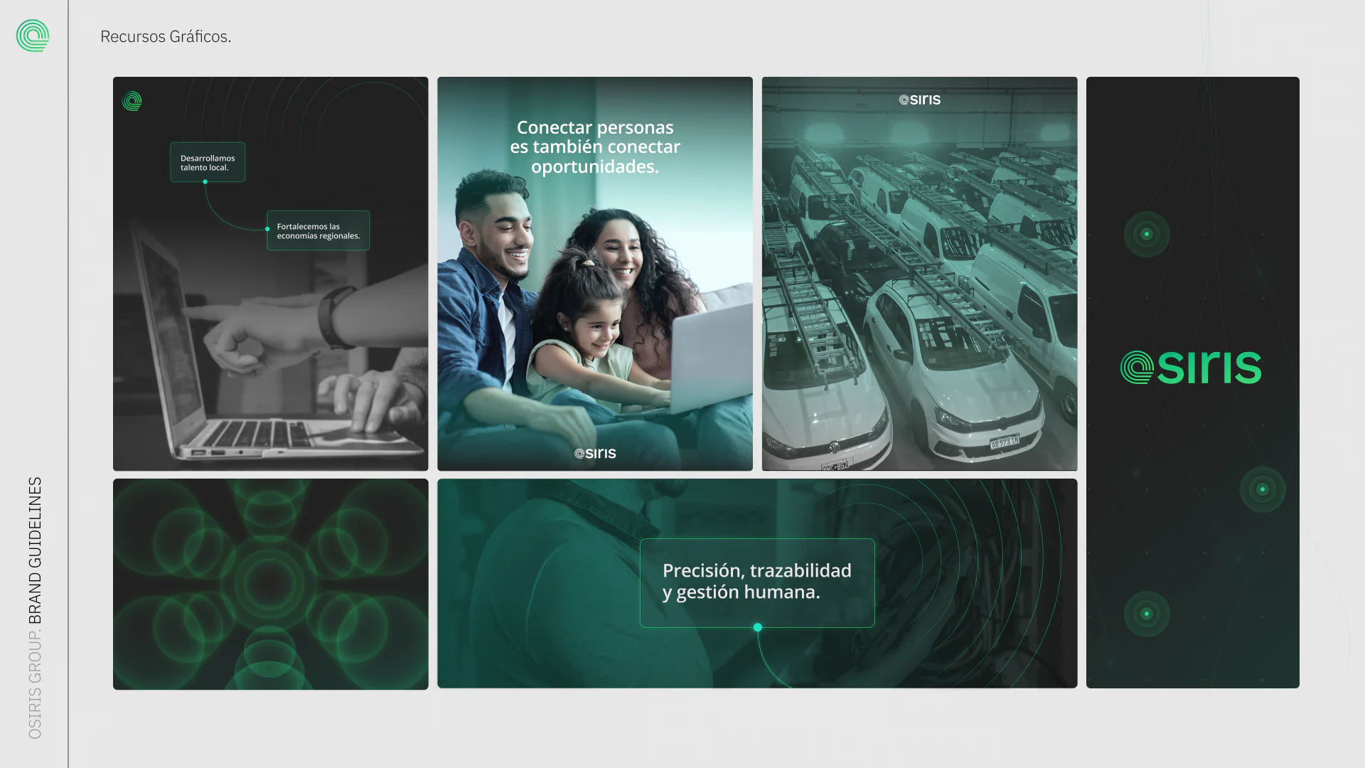 Graphic resources: a grid of photographs and green panels with short messages.