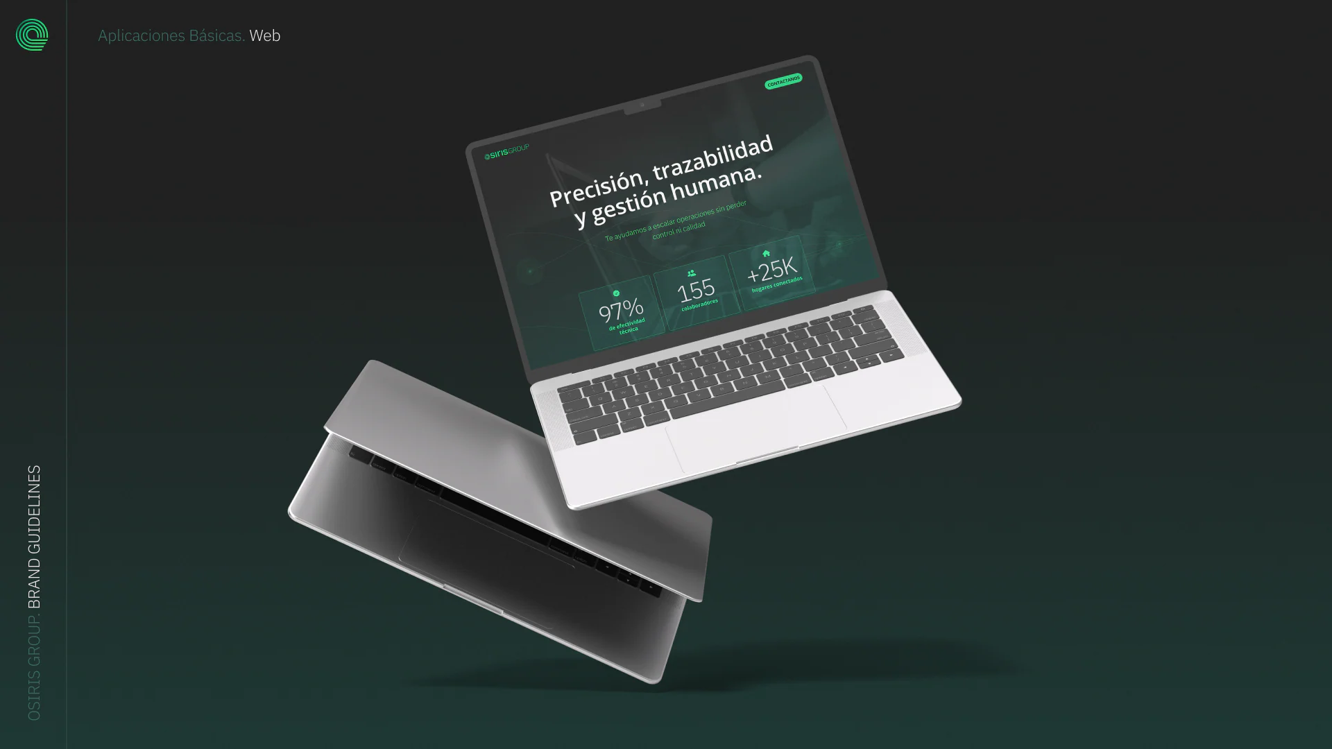 Two floating laptops showing the Osiris Group website: “Precisión, trazabilidad y gestión humana”.