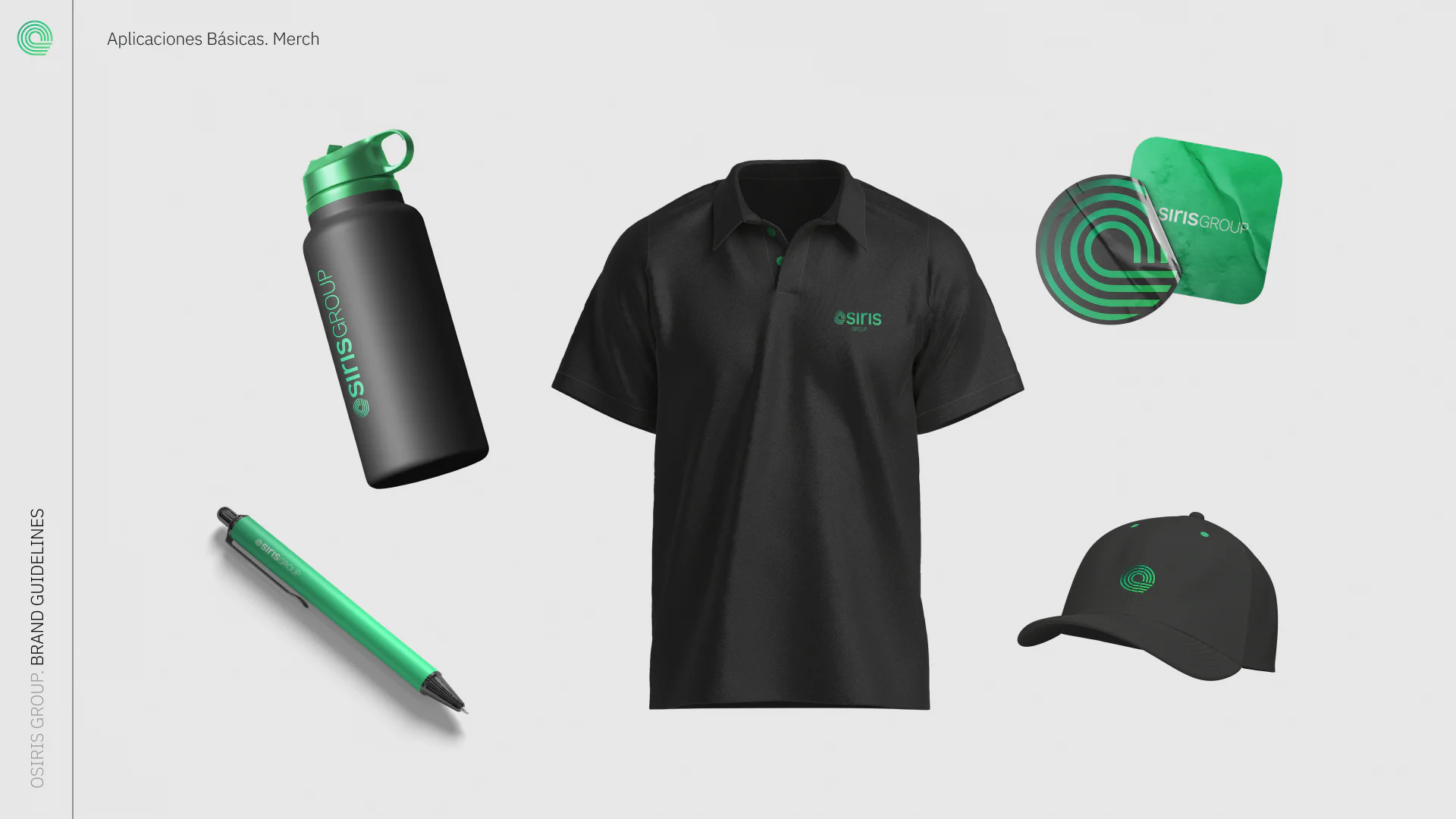 Merchandise: a bottle, a polo shirt, a cap, a pen and a coaster in black and green.