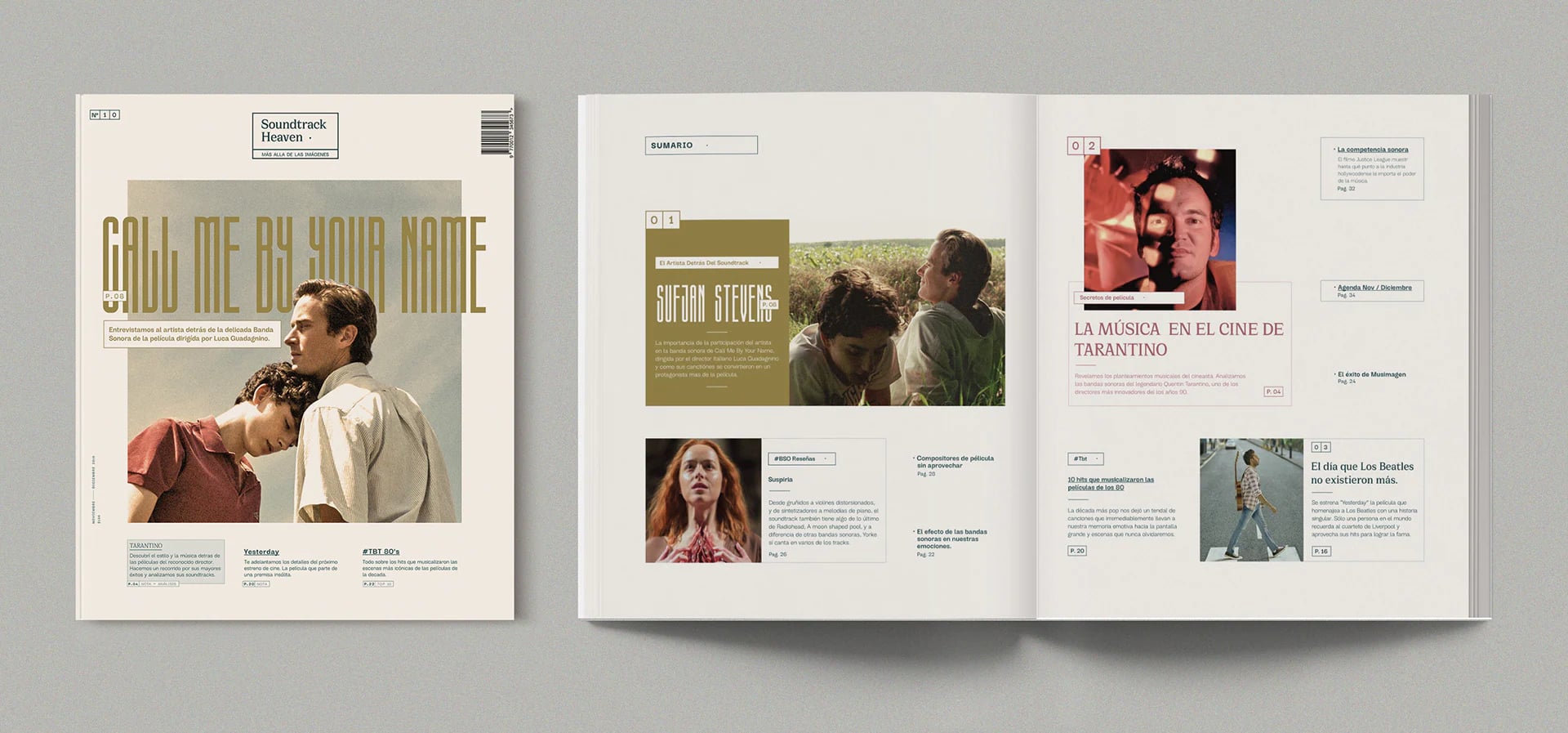 The Call Me by Your Name cover next to an open spread with photographs and short features.