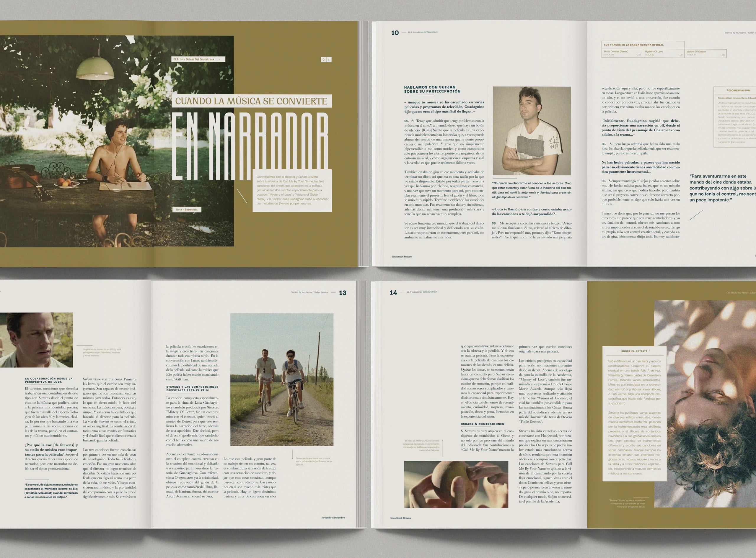 Four spreads of the magazine in olive and cream, with film stills and long-form text.
