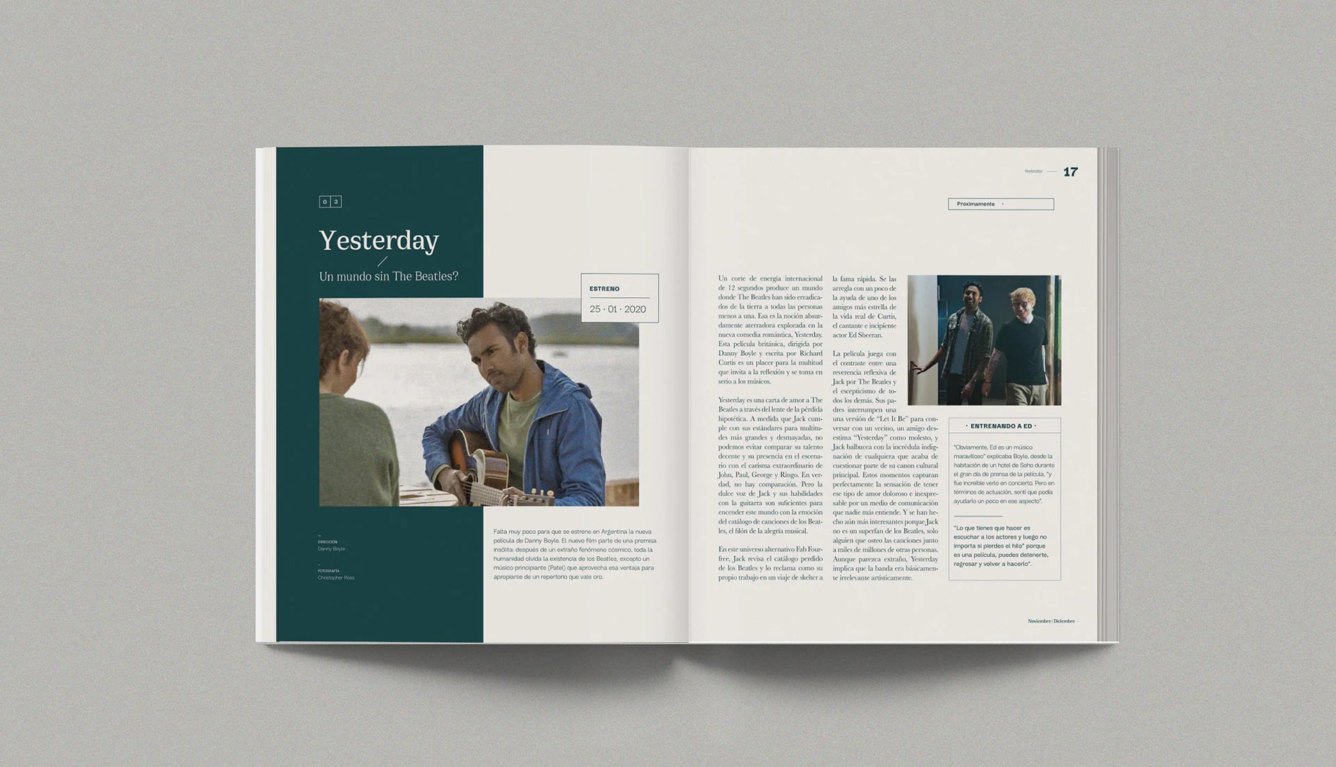 A spread about the film Yesterday, with a teal column and a photograph.