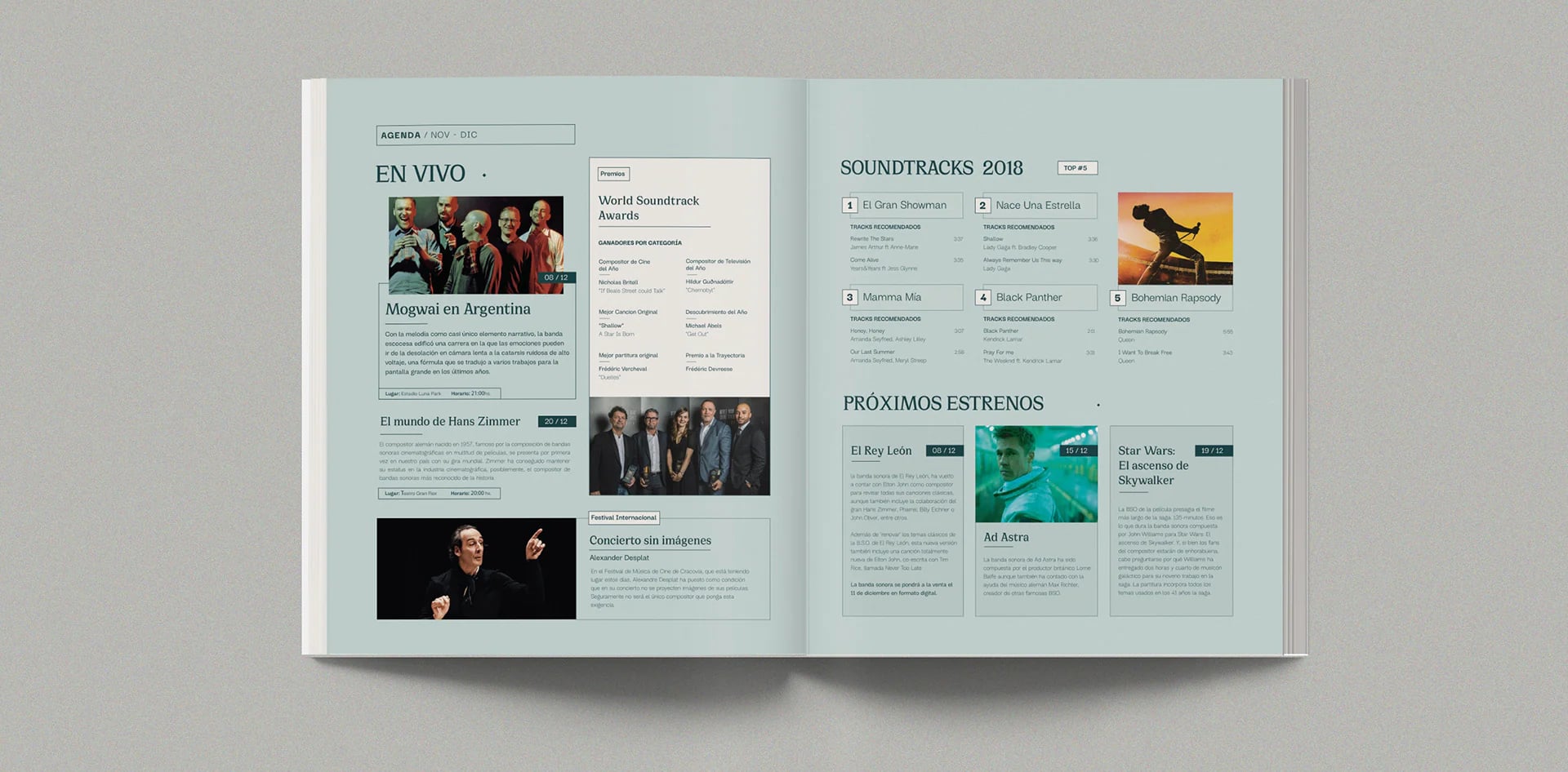 Listings spread on pale blue: “En vivo”, “Soundtracks 2018” and “Próximos estrenos”.