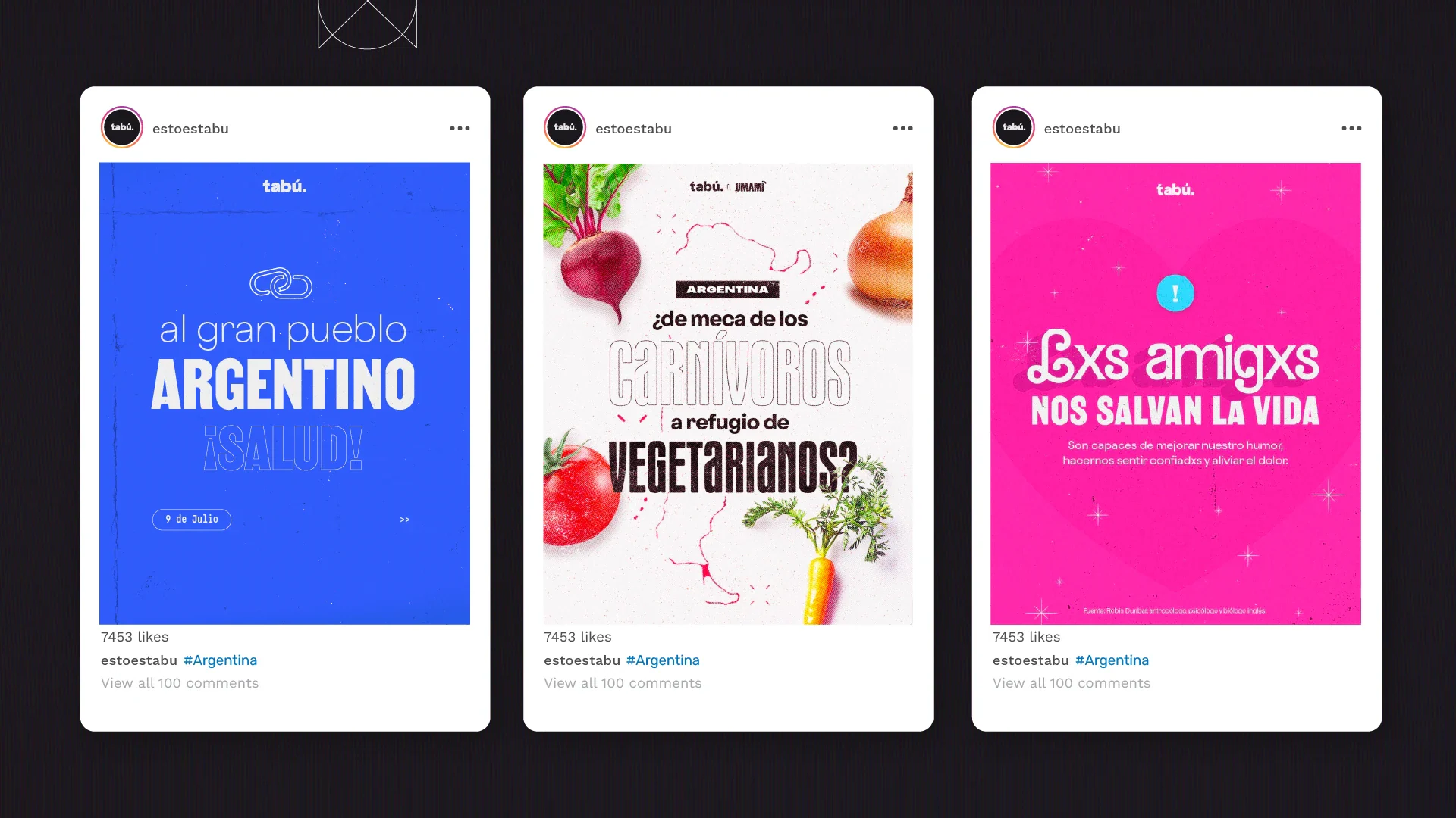 Three Instagram posts in blue, white and pink with headlines about Argentine culture and friendship.