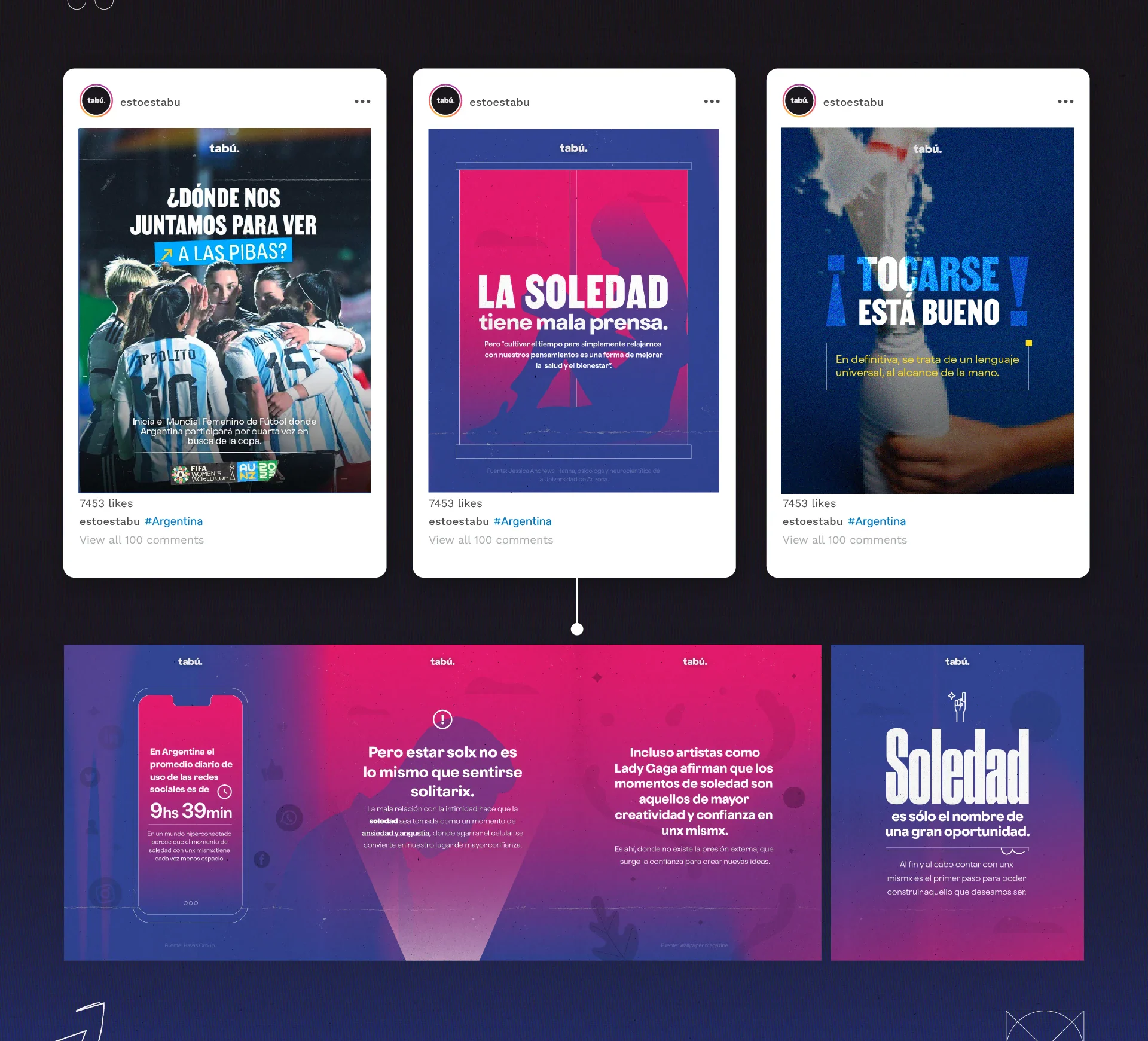 Post layouts on dark blue and magenta: “La soledad”, “¿Dónde nos juntamos para ver…?”.