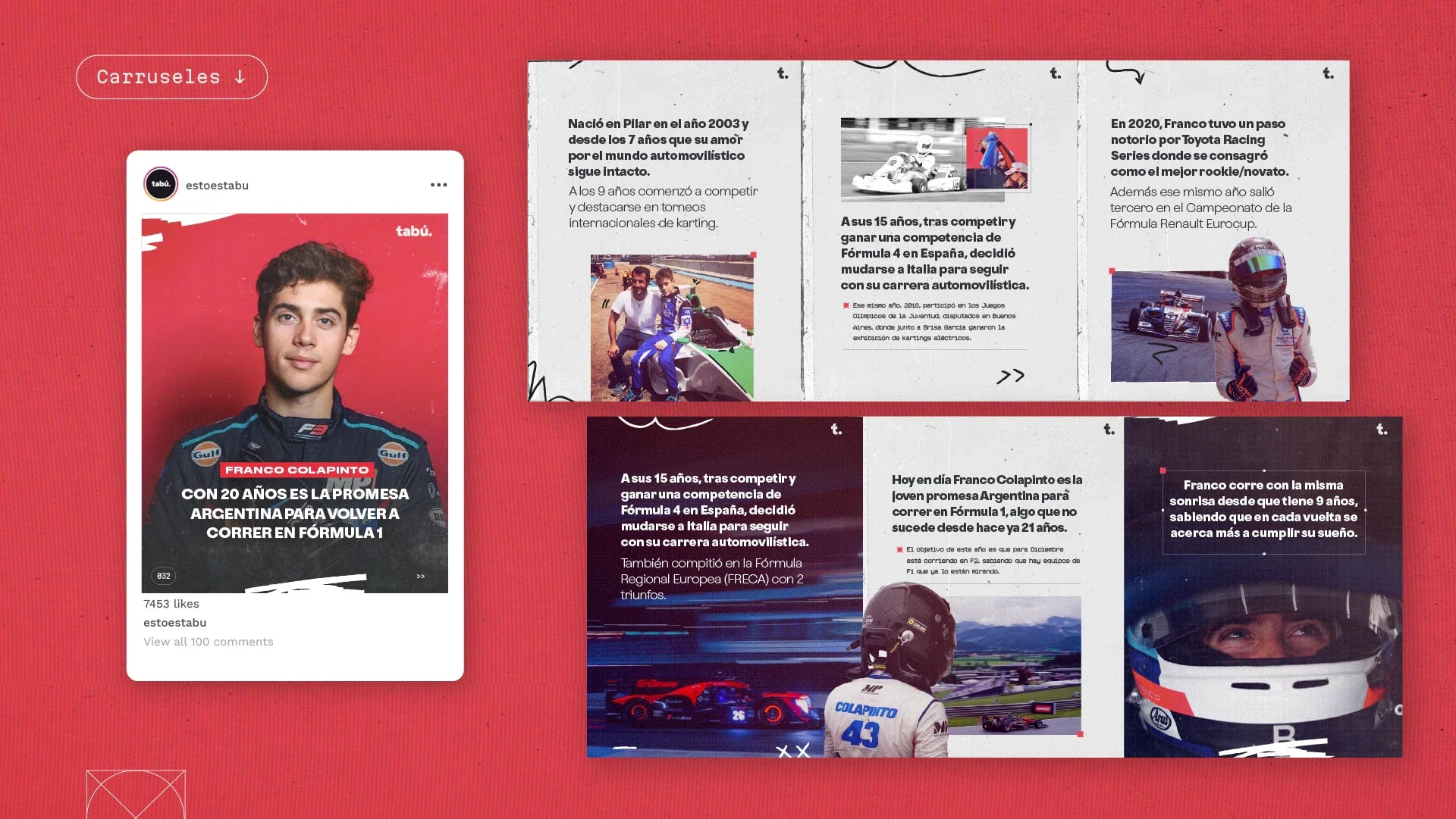 A carousel on red: a cover with a portrait and the slides that follow it.