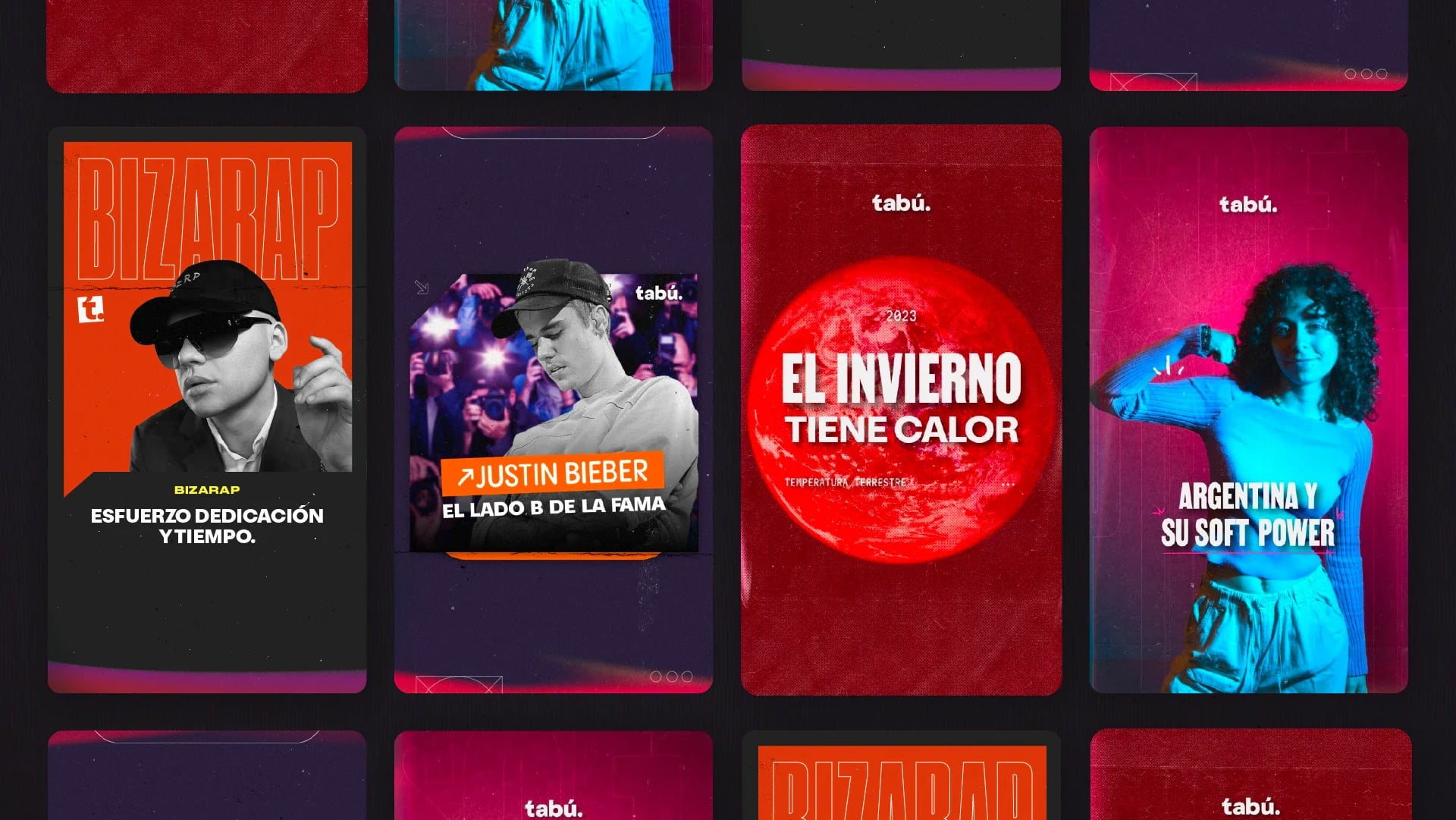 A grid of stories in red, black and blue with portraits and short headlines.