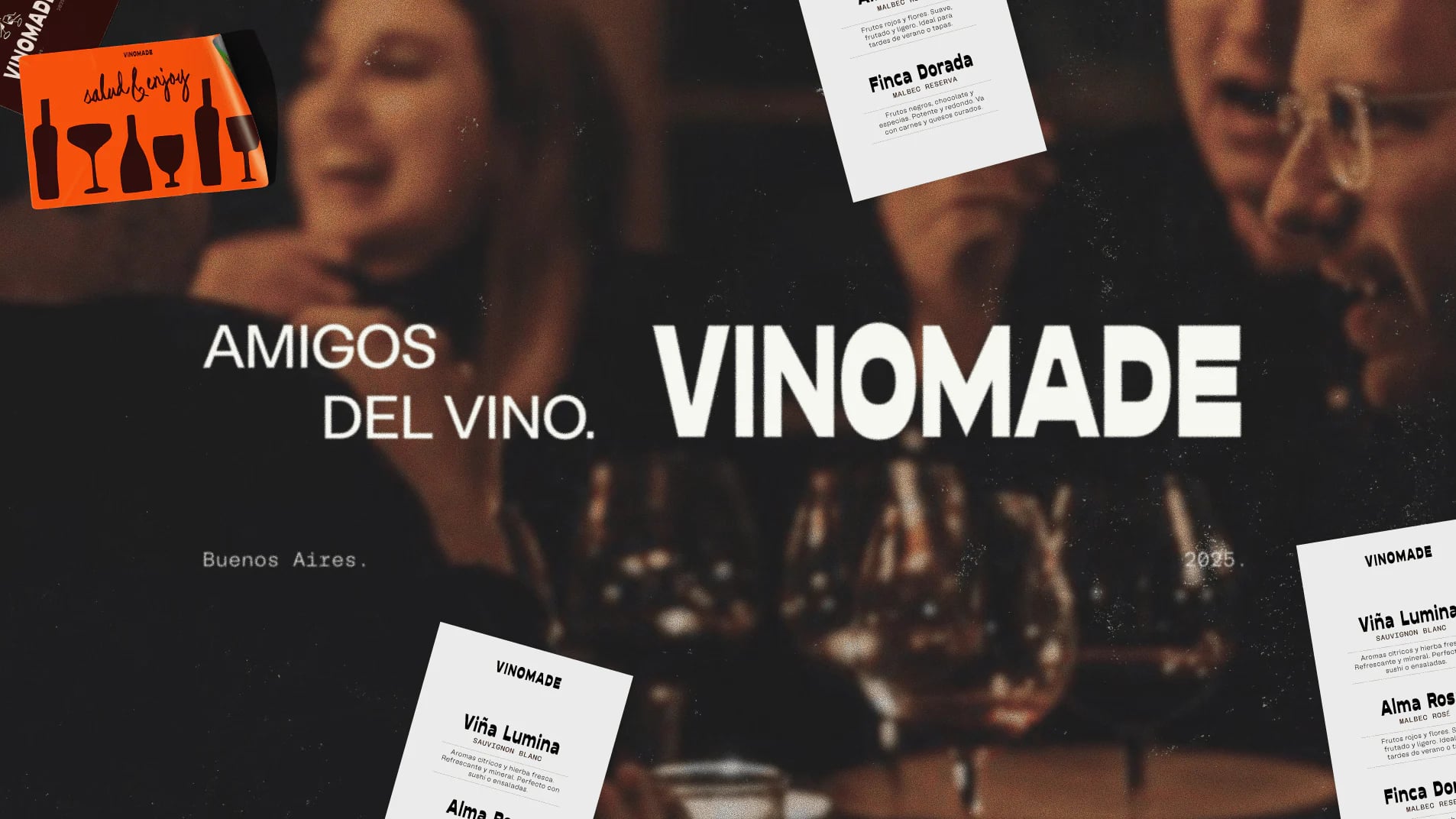 “Amigos del vino. Vinomade” over a dim photograph of people drinking wine at night, with labels and cards scattered around.
