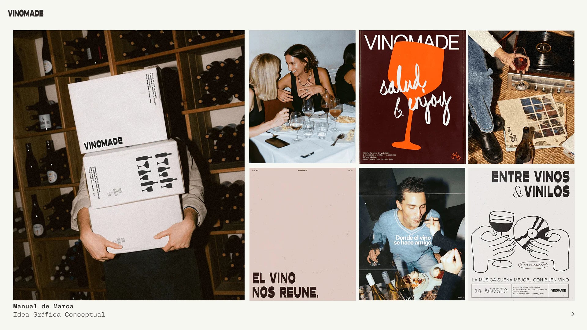 Social media grid: wine boxes, people at a table, an orange “Salud & enjoy” piece and “Entre vinos & vinilos”.