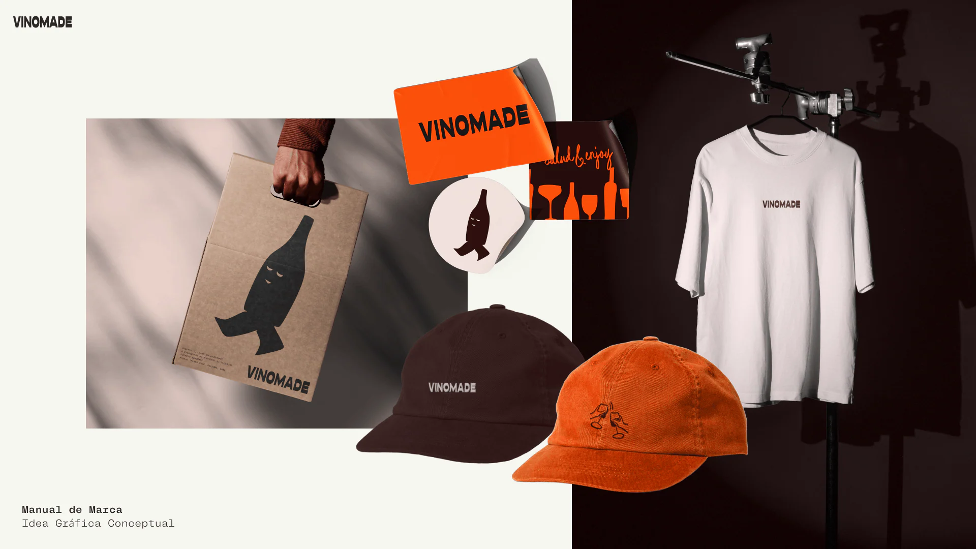 Merchandise: a paper bag with the character, caps in burgundy and orange, a T-shirt and stickers.