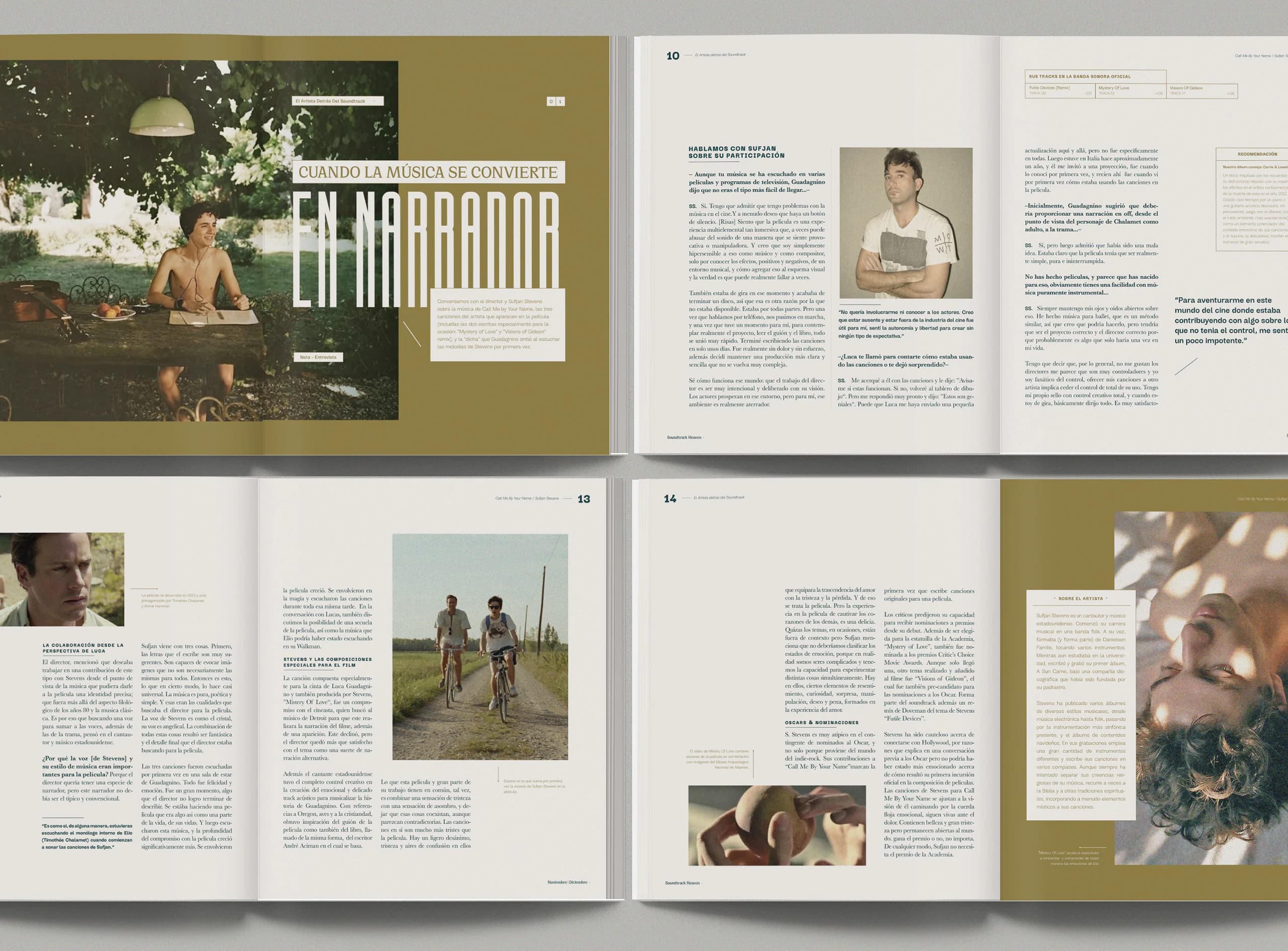 Four spreads of the magazine in olive and cream, with film stills and long-form text.