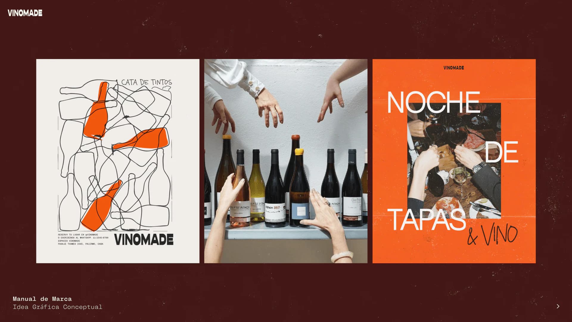 Conceptual graphic idea: a wine tasting poster, a photograph of hands and bottles, and a “Noche de tapas & vino” poster.